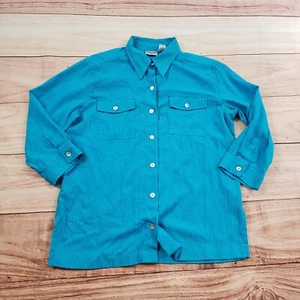 VINTAGE Chicos Shirt Womens Large Size 1 Blue Button Up 3/4 Sleeve Casual Ladies - Picture 1 of 11
