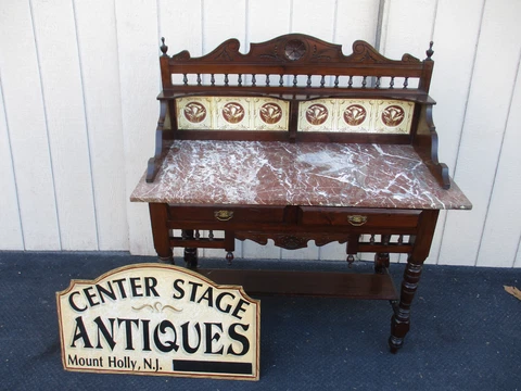 64037  Antique Victorian Marble Top Tile Back Washstand Chest Dresser Cover