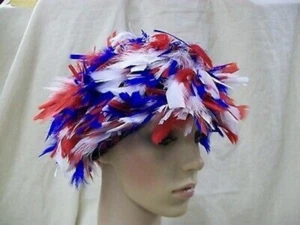 Red White Blue Feather Wig Patriotic America Clown USA Patriot July 4 Uncle Sam - Picture 1 of 12