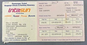 INTASUN HOLIDAYS AIR EUROPE VINTAGE USED AIRLINE TICKET LONDON - MALAGA 1988 - Picture 1 of 2
