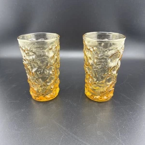 2 Anchor Hocking Juice Glasses Honey Gold Amber Milano Crinkle 4 oz vintage MCM - Picture 1 of 9