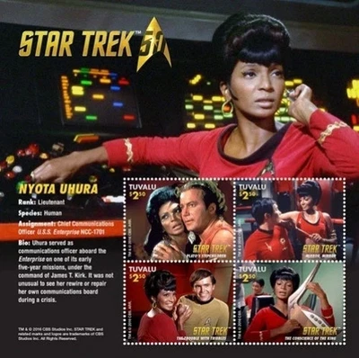 Hoja de 4 estampillas de recuerdo de Tuvalu 2016 Star Trek Nyota Uhura Scott #1371 MNH gema Foto 1 de 2
