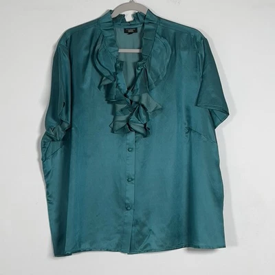 Talbots Silk Blend Button Front Top Blouse Womens Sz 22WP Green Ruffle Bib - Image 1 of 4