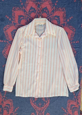 Blusa vintage de los años 70 Bodin tejida crema/melocotón manga larga para mujer con botones talla 14 Foto 1 de 4