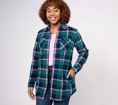 Chaqueta para mujer Denim & Co. talla XS estampada polar larga a presión frontal verde A619416 Foto 1 de 4