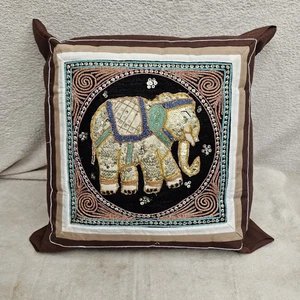 Elephant Sequin Embroidered Decorative Throw Pillow Brown Asian 13X13 Boho - Picture 1 of 7
