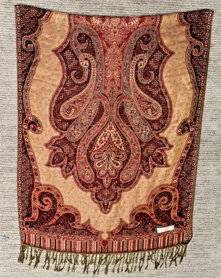PASHMINA Bufanda Vintage PASHMINA Cachemira Seda Mantón Rojo Flecos Dorado Escama Paisly Foto 1 de 4