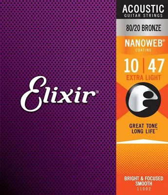 Elixir 11002 Nanoweb 80/20 青铜原声吉他弦 0.010-047 超轻 — 第 1/2 张图片