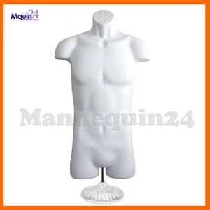 TORSO HOMBRE MANIQUÍ BLANCO CON SOPORTE DE MESA + PERCHA - FORMA DE VESTIDO PLÁSTICO  - Imagen 1 de 4