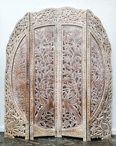 Indian Hand Carved Distressed Timber Vintage Peacock Screen Room Divider - Picture 1 of 9