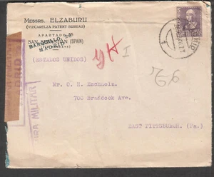Spain 1940 military censor cover Elzaburu patent Madrid to East Pittsburgh PA - Picture 1 of 2