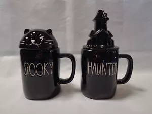 Lot of 2 New Rae Dunn Halloween HAUNTED & SPOOKY Black Mugs W/LIDS - Picture 1 of 7