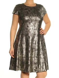 Alfani Printed Fit Flare Dress Deep Black Shine Gold Rose Shimmer 18 - Picture 1 of 2