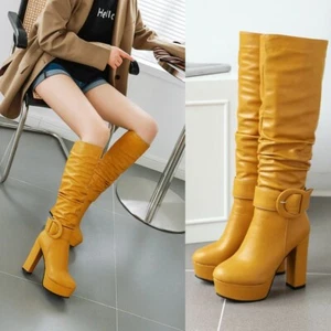 Mujeres Tacones Altos Botas Altas a la Rodilla Cremallera Plataforma Tirar Informales Fiesta Zapatos Nuevos - Imagen 1 de 17
