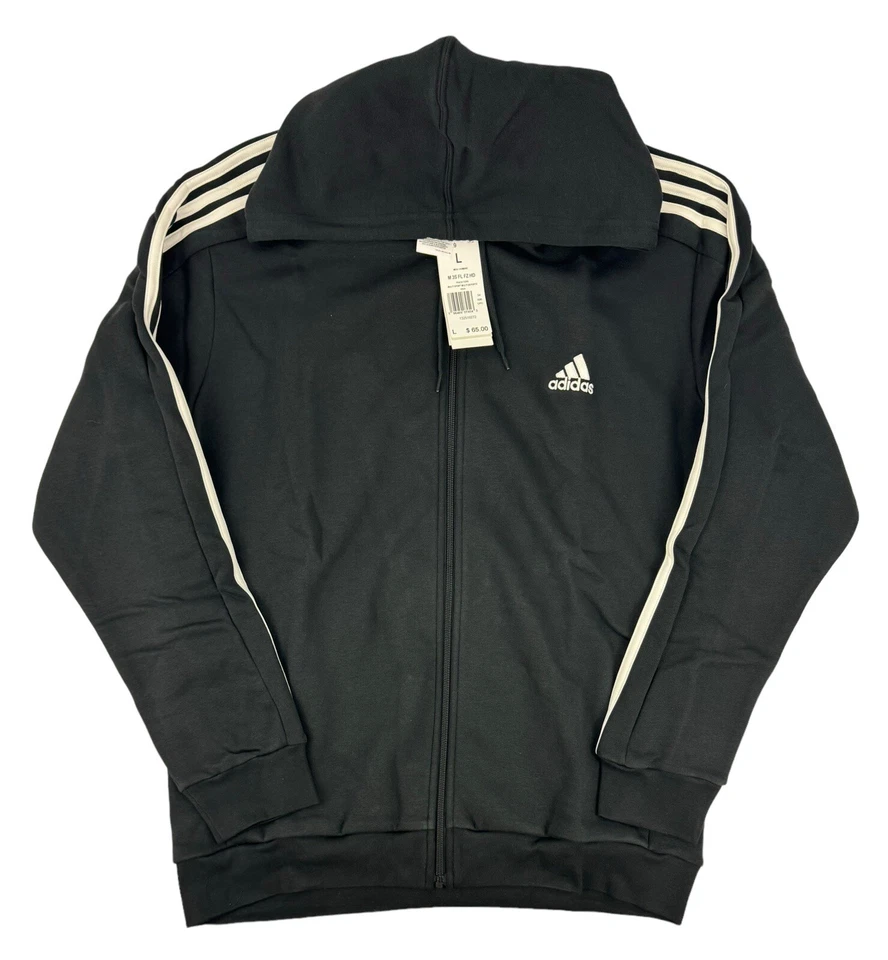 Adidas Men’s Essentials Fleece 3-Stripes Full-Zip Hoodie Black Men Large IB4029