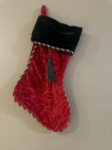 RED VELVET CHRISTMAS STOCKING WITH GREEN TOP CORDED EDGES & TASSEL - Picture 1 of 3