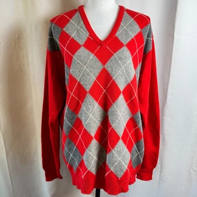 Suéter Vintage Lyle & Scott Para Hombres XL Rojo Gris Argyle Cachemira Escocia Años 90 LEER Foto 1 de 4