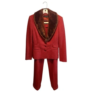Anne Klein 2 Piezas Pantalón Traje Blazer Chaqueta Piel Sintética Mezcla Lana Rojo Naranja Talla 8 Nuevo con Etiquetas Foto 1 de 4