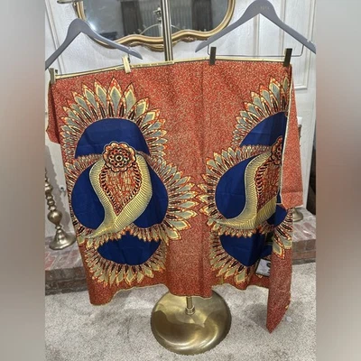 "Tela con estampado de cera africana VKM Ankara 2 yardas rojo dorado azul bloque de algodón 45"" de ancho" Foto 1 de 4
