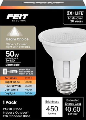 Feit Electric PAR20 LED Luz Reflectora, 50W Equivalente, LED, Blanco  Foto 1 de 3