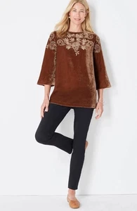 J. Jill L Petite Velvet Embroidered Bell-Sleeve Top Auburn Cream U-Boot Neck Boho - Bild 1 von 13