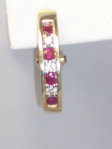 14K YELLOW GOLD DIAMOND & RUBY PIERCED HOOP EARRINGS TW 1 .10 CARATS - Picture 1 of 5