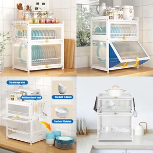 Kitchen Dish Drying Rack 3-Tier Cutlery Holder Drainer Organizer with Lid Cover - Picture 1 of 17