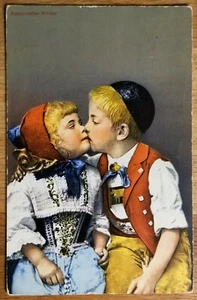 Swiss Children Kissing Vintage Postcard PC 1953 Lucerne Switzerland - Picture 1 of 1