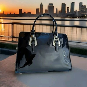 Black Satchel Tote Shoulder Bag XL interior bright Shiny Fabric Leather Gold - Picture 1 of 7