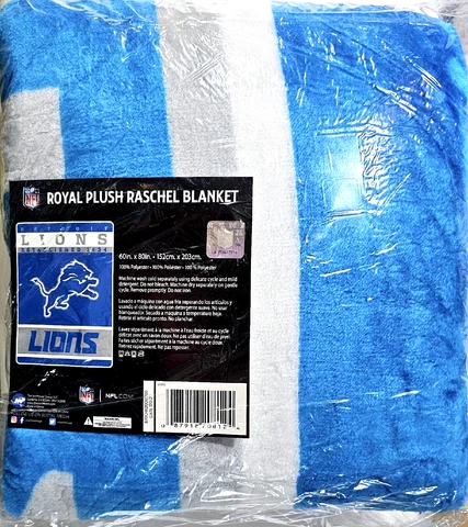 Lions Football Royal Plush Raschel Blanket 60x80in Blue White Cover