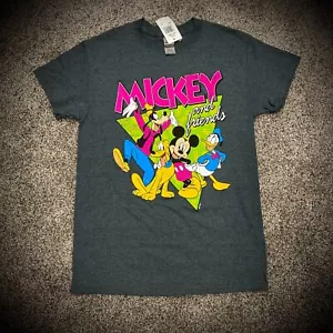 MICKEY AND FRIENDS T-SHIRT dark charcoal gray neon color retro logo disney SMALL - Picture 1 of 4