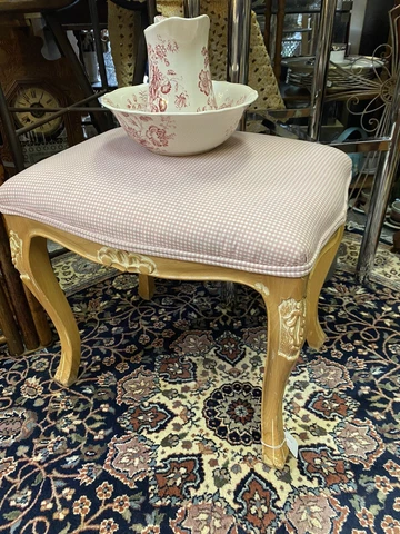Italian Craved Wood Cushioned Vanity Stool- Vintage Cover