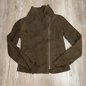 Vince Womens Small Moto Zip Suede Jacket Olive Green Ribbed Sides Biker Classic - Picture 1 of 19