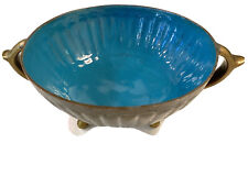Vintage Blue Enameled Brass Scalloped Censer Bowl - Tri-Footed - Signed
