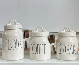 NEW Rae Dunn COFFE/ FLOUR  W/ Wooden Scoop & SUGAR Canister Set Original 2023 - Picture 1 of 3