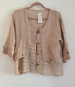 Beige Linen Blend Jacket, UK Size M Lagenlook Farmer NEW - Picture 1 of 11