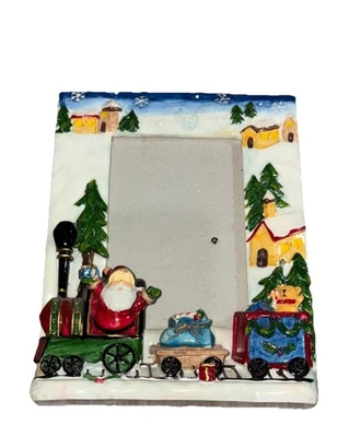 Santa Themed Glass Picture Frame Fits 5x7 Picture Perfect Condition Bright Color - Image 1 of 4