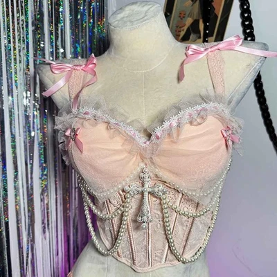 Corsé Adolescente Grunge Kawaii Bow Y2K TOPS Harajuku Gótico Hágalo Usted Mismo Emo Cruzado Foto 1 de 4