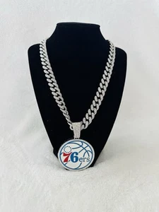 PHILADELPHIA 76ERS GEM NECKLACE Silver Hip Hop NBA Bling Pendant & 20" Chain - Picture 1 of 2