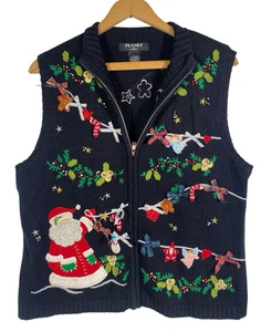 Weihnachten Pullover Weste Gr. Large erhaben bestickt Weihnachtsmann Vintage Oma - Bild 1 von 10