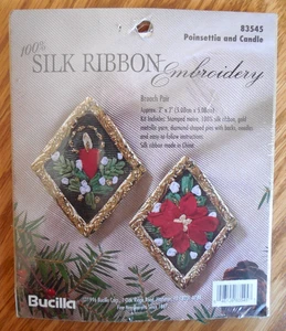 NEW Bucilla Silk Ribbon Embroidery Kit: Brooch Pair - Poinsettia & Candle 2x2 - Picture 1 of 2