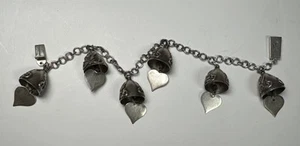 "Pulsera vintage de plata esterlina con campanas y corazones de Siam 7,5""" - Imagen 1 de 6