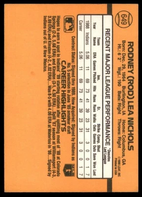 1989 Donruss #649b Rod Nichols Cleveland Indians Baseball - Image 1 of 2