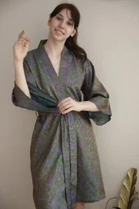 Pure Silk Midi Kimono Robe Knee Length Gown silk kimono robe Green PS MKMO2096 - Picture 1 of 14