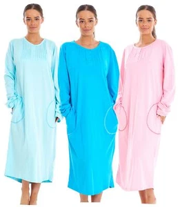 Plain Long Nightdress Buttons Long Sleeve Pockets Soft Winter Cosy Nightwear - Picture 1 of 22