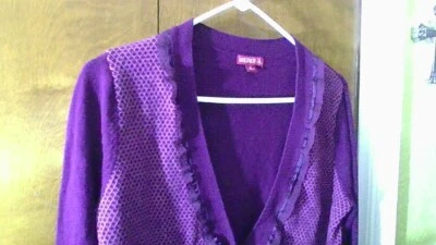 Beautiful Deep Purple Ruffle-Front Button-Up Sweater Merona Size L Cotton & Wool - Image 1 of 4