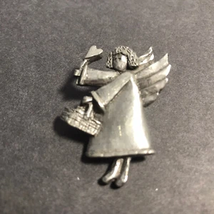 Vintage Barker Signed 1996 Genuine USA Pewter Angel Basket Heart Tac Pin 1.5 in - Picture 1 of 7