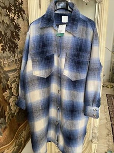 H&M OVERSIZED BLUE Plaid Long JACKET /COAT Blogger SHACKET SZ XL NEW - Picture 1 of 10