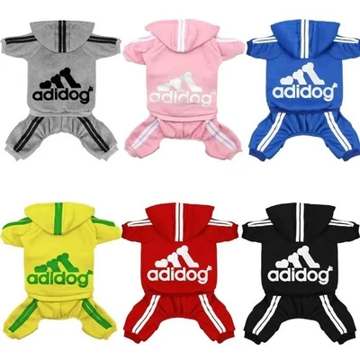 Adidog Pet Dog Warm Hoodie 4/Legs Classic Jumpsuit Puppy Coat Sweatshirt Clothes - Image 1 of 4
