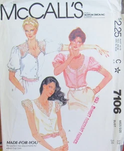 Vintage McCalls 7106 Womens 12 Cottage Lace Trimmed Blouse Shirt Pattern UNCUT - Picture 1 of 2